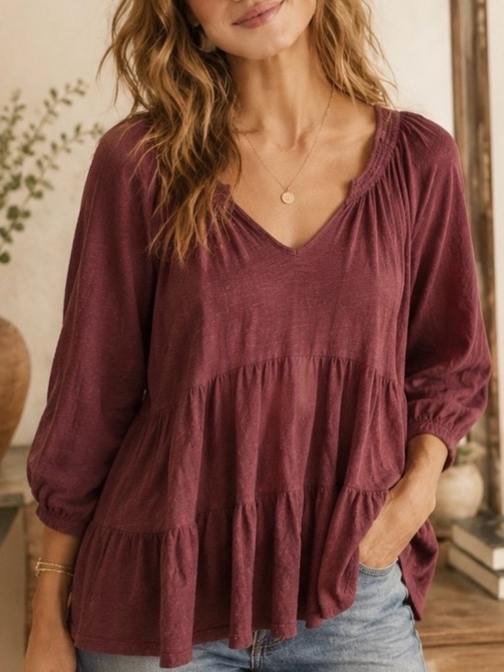 Anthropologie Maeve Womens Small Isola Tiered Babydoll Top Dark Pink 3/4 Sleeve